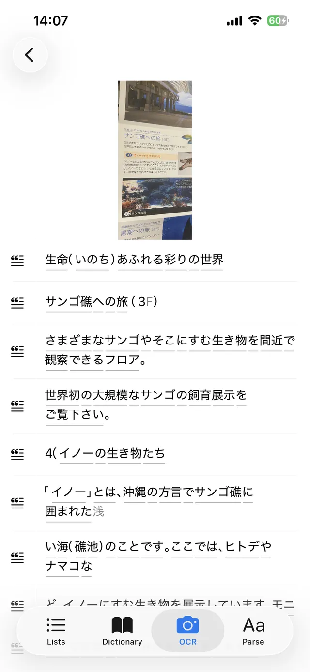 写真から認識され、行ごとに分かれた日本語